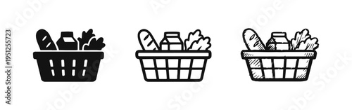 Groceries Shopping Basket Icon Set. Supermarket Food Products Symbol in Flat, Outline, and Hand-Drawn Styles