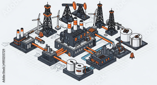 Isometric Oil Refinery Complex - Detailed Pixel Art Illustration.