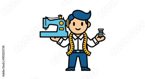 Tailor holding sewing machine and thread spool vector illustration