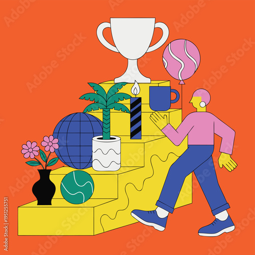 A stylized illustration of a person walking up yellow stairs surrounded by various colorful objects