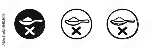 No Sugar Icon Set, Sugar Free Symbol with Spoon and Cross Mark in Solid, Outline, and Hand-Drawn Styles