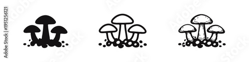 Mushroom Cluster Icon Set, Fungi Growing from Ground in Solid, Outline, and Hand-Drawn Styles