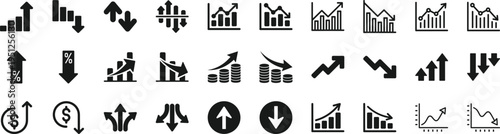 Increase and Decrease Icon Set with Business Growth and Decline Graph Symbols, Up and Down Arrows, Financial Trend Indicators and Market Analytics Vector Illustration Collection