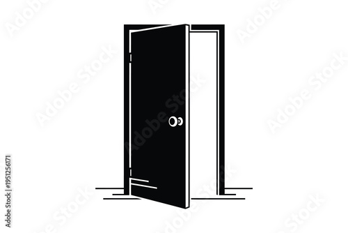 A black door slightly ajar, revealing a sliver of white interior space, symbolizing opportunity, transition, and new beginnings in a minimalist style.