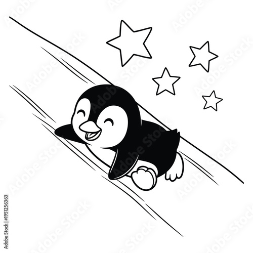 Cute cartoon penguin sliding down snow hill with stars coloring book