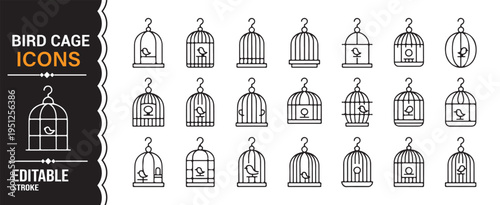 Minimal bird cage icons pack for animal care, pet shops and home decor concepts