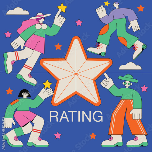 A vibrant digital illustration featuring diverse characters interacting with a large central star