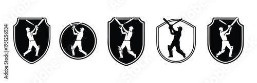 Cricket player emblem shield and round black and white vector illustration set on background