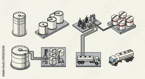 Isometric Illustration of Oil Refinery and Transportation Process.