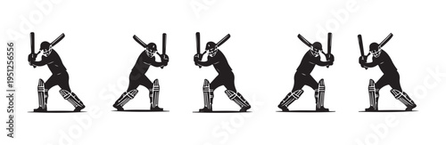 Cricket batsman player black silhouette vector illustration set in various batting stance