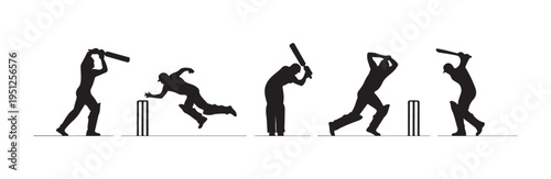 Silhouette collection of cricket players in action, batting, bowling, and fielding poses