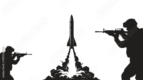 Bild auf Leinwand Silent guardians in war, missiles poised in silhouette