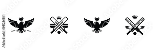 Bold eagle emblem with crown above crossed cricket bats and ball, simple stylized design