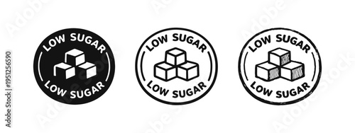 Low Sugar Icon Set, Healthy Food Label with Sugar Cubes in Circular Badge, Solid, Outline, and Hand-Drawn Styles