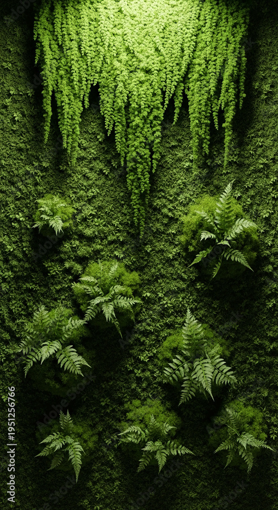 Fototapeta premium Vertical garden with dense green foliage and fern plants, creating a lush and vibrant scene, representative of nature, freshness and sustainable living