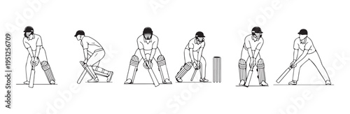 Six cricket batsman poses illustrating different batting techniques ready guard and defense shots