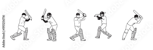 Five cricket batsman figures showing different batting shots ready stance hitting and follow through