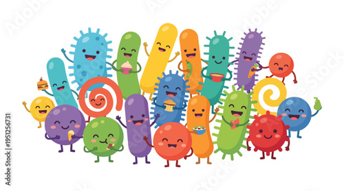 Smiling gut bacteria with food promoting healthy digestion