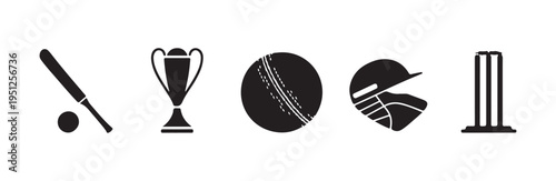 Cricket sport equipment icon set with bat ball trophy helmet and wickets on white background