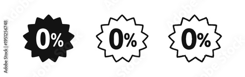 Zero Percent Icon Set, 0% Value in Starburst Badge, Solid, Outline, and Hand-Drawn Styles