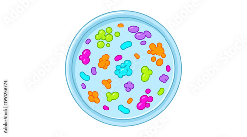 Cartoon microorganisms thriving inside a laboratory dish