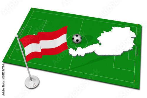 PNG; Trasparente; Austria. Bandiera nazionale con in primo piano pallone da calcio. Sport football - Illustrazione 3D.