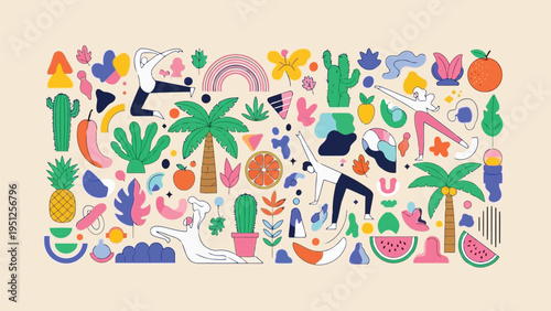 People practicing yoga surrounded by vibrant tropical fruits and lush plants