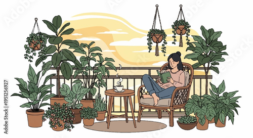 Woman relaxing on balcony surrounded by lush greenery and potted plants at sunset