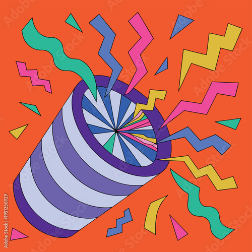 A vibrant 90s style graphic illustration featuring a striped party popper exploding with energy