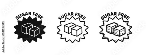 Sugar Free Label Icon Set - Diet, Healthy Food & No Sugar Added Symbol in Solid, Outline & Hand-Drawn Styles