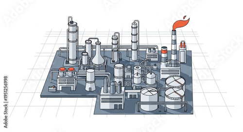 Detailed Illustration of a Complex Industrial Plant and Refinery.