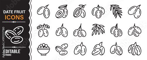 Date fruit and palm line icons set with editable stroke for food and agriculture design