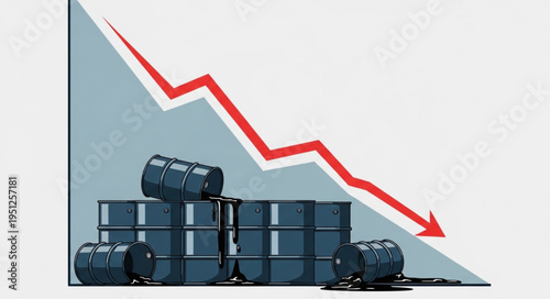Oil Price Decline - Barrels and a Downward Trend Arrow.