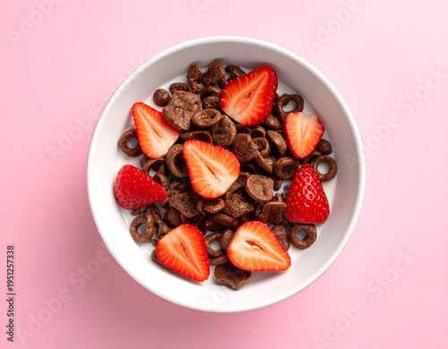 Overhead view A white bowl of chocolate cereal with fresh strawberry slices, placed on a pink surface