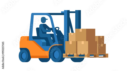 Forklift driver moving cardboard boxes in a warehouse facility