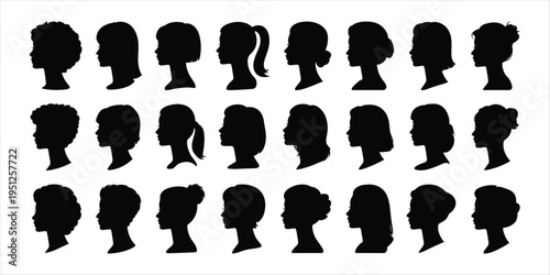 Diverse Black Silhouettes of Women's Hairstyles and Head Profiles Keywords: woman, female, silhouette, profile, head, hairstyle