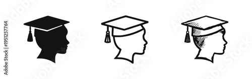 Graduation Cap Head Profile Icon Set - Student Silhouette, Outline, and Sketch Styles for Education and Achievement