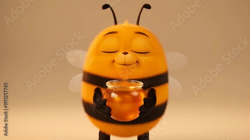 Adorable cartoon bee character holding a jar of honey with closed eyes in delightful animation studio rendered style