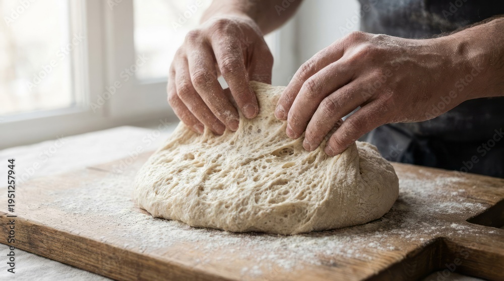 Obraz premium Kneading Fresh Bread Dough Bread Dough Kneading Baking Cooking Hands Wooden Board. Concept featuring bread, dough, kneading, baking, cooking for professional commercial design.