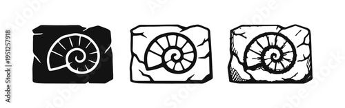 Ammonite Fossil in Rock Icon Set - Prehistoric Shell Outline, Silhouette, and Sketch Styles for Paleontology