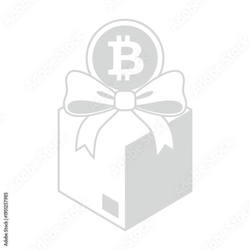 Cryptocurrency bitcoin symbol with gift box and bow in gray tone