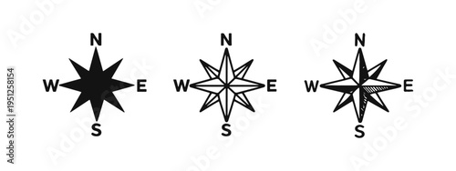 Simple Compass Rose Icon Set - Cardinal Directions Outline, Silhouette, and Sketch Styles for Navigation