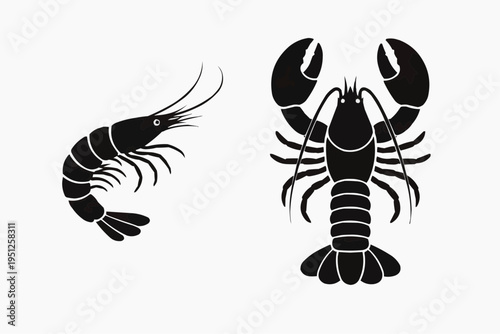 Minimalist shrimp and lobster silhouettes, clean vector style, solid black shapes, isolated on pure white background.