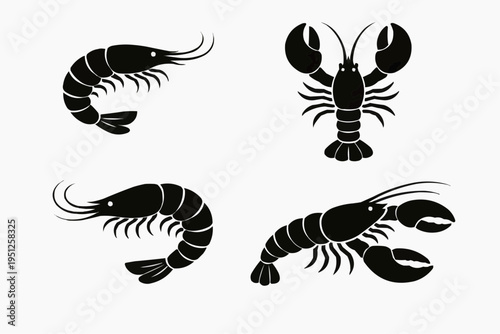 Minimalist shrimp and lobster silhouettes, clean vector style, solid black shapes, isolated on pure white background.