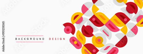 Abstract geometric pattern. Overlapping shapes create dynamic visual texture. Pink, yellow, gray hues dominate composition. Modern design element.