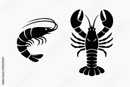 Minimalist shrimp and lobster silhouettes, clean vector style, solid black shapes, isolated on pure white background.