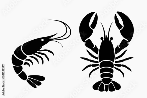 Minimalist shrimp and lobster silhouettes, clean vector style, solid black shapes, isolated on pure white background.