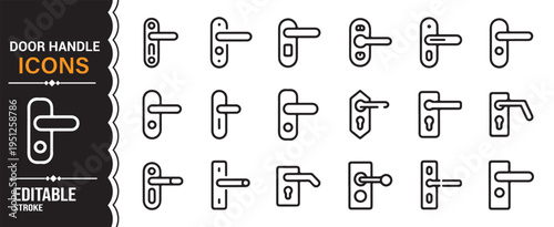 Modern door hardware icon collection featuring handles, knobs and locks in outline style