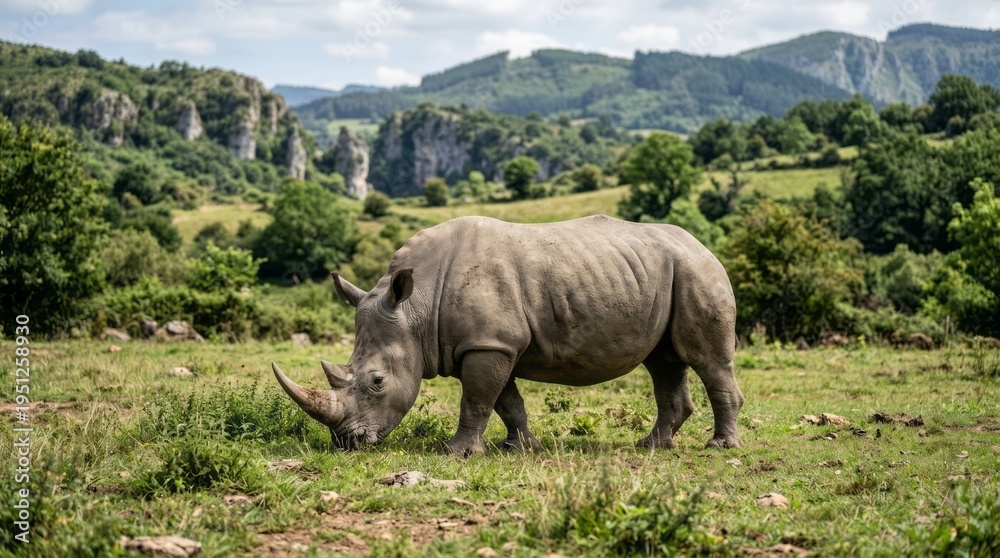 Obraz premium Rhinoceros Grazing in Natural Landscape Rhinoceros Wildlife Nature Animal Grazing Landscape Greenery. Concept featuring rhinoceros, wildlife, nature, animal, grazing for professional commercial des...