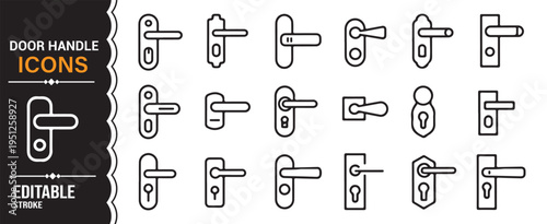 Door handle and lock line icons set with editable stroke for home and interior design
